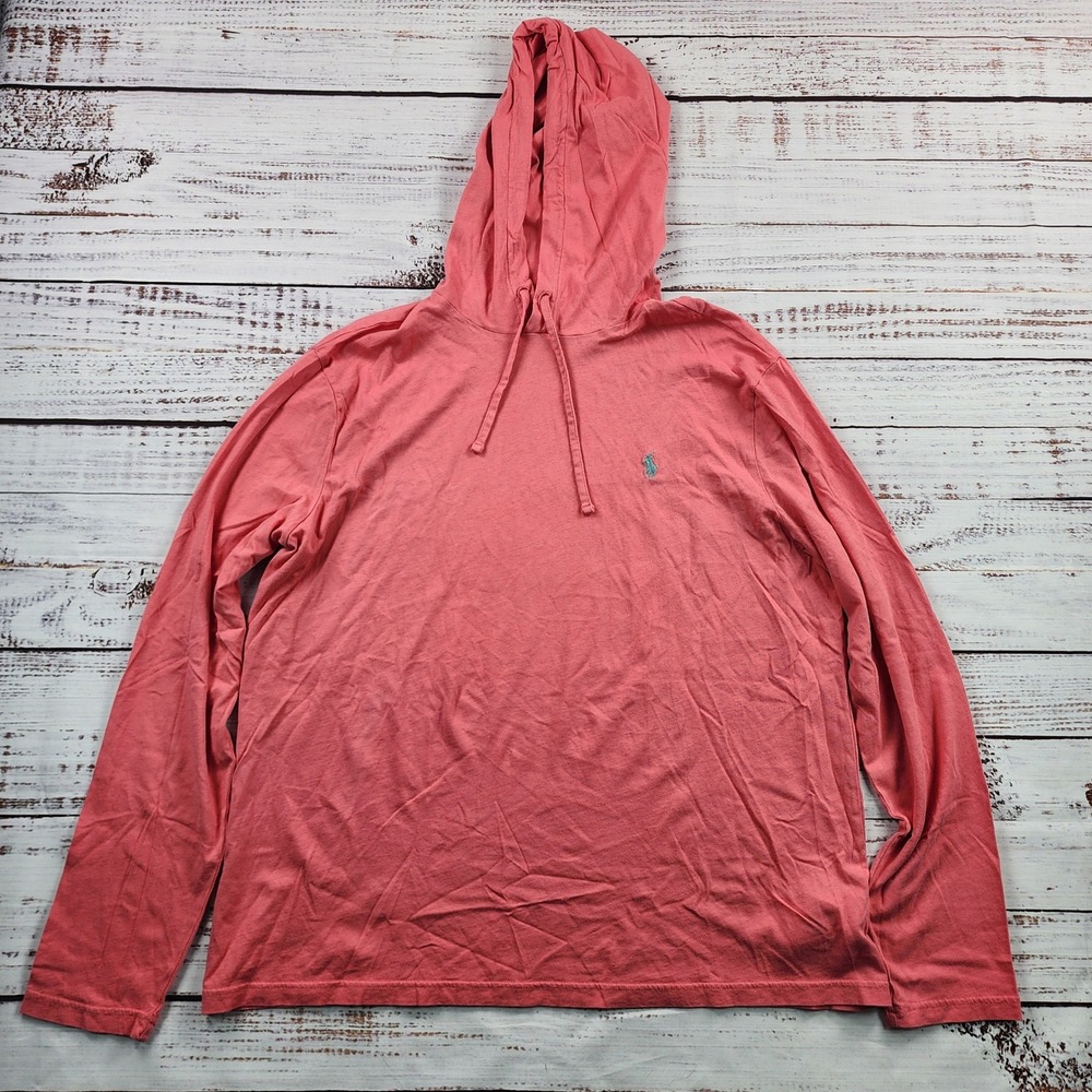 Polo Ralph Lauren Jersey Hooded T-Shirt Mens L Red Cotton Long Sleeve Pony